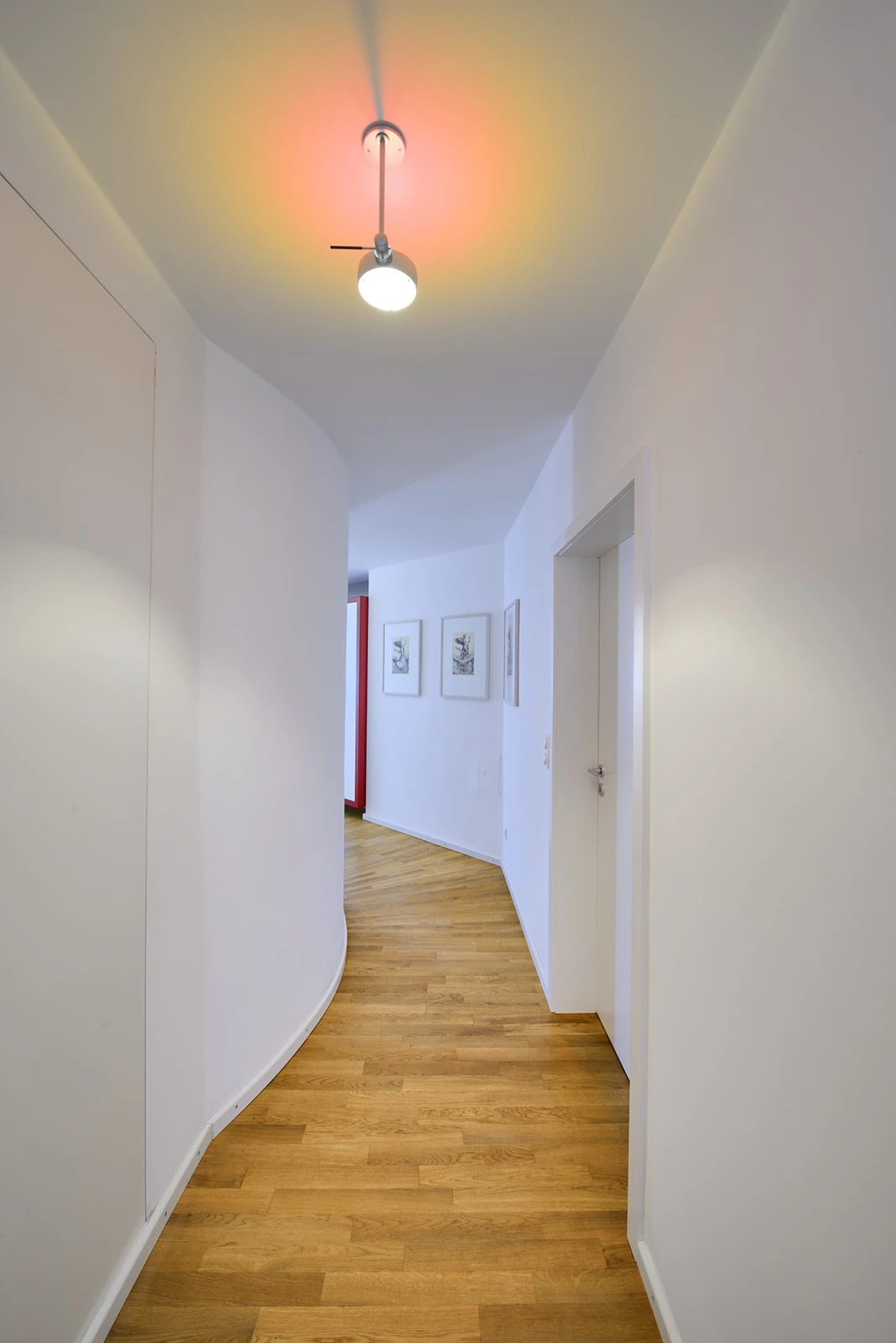 Geschwungener Flur der Wohnung mit mehrern Türen und Holzfussboden