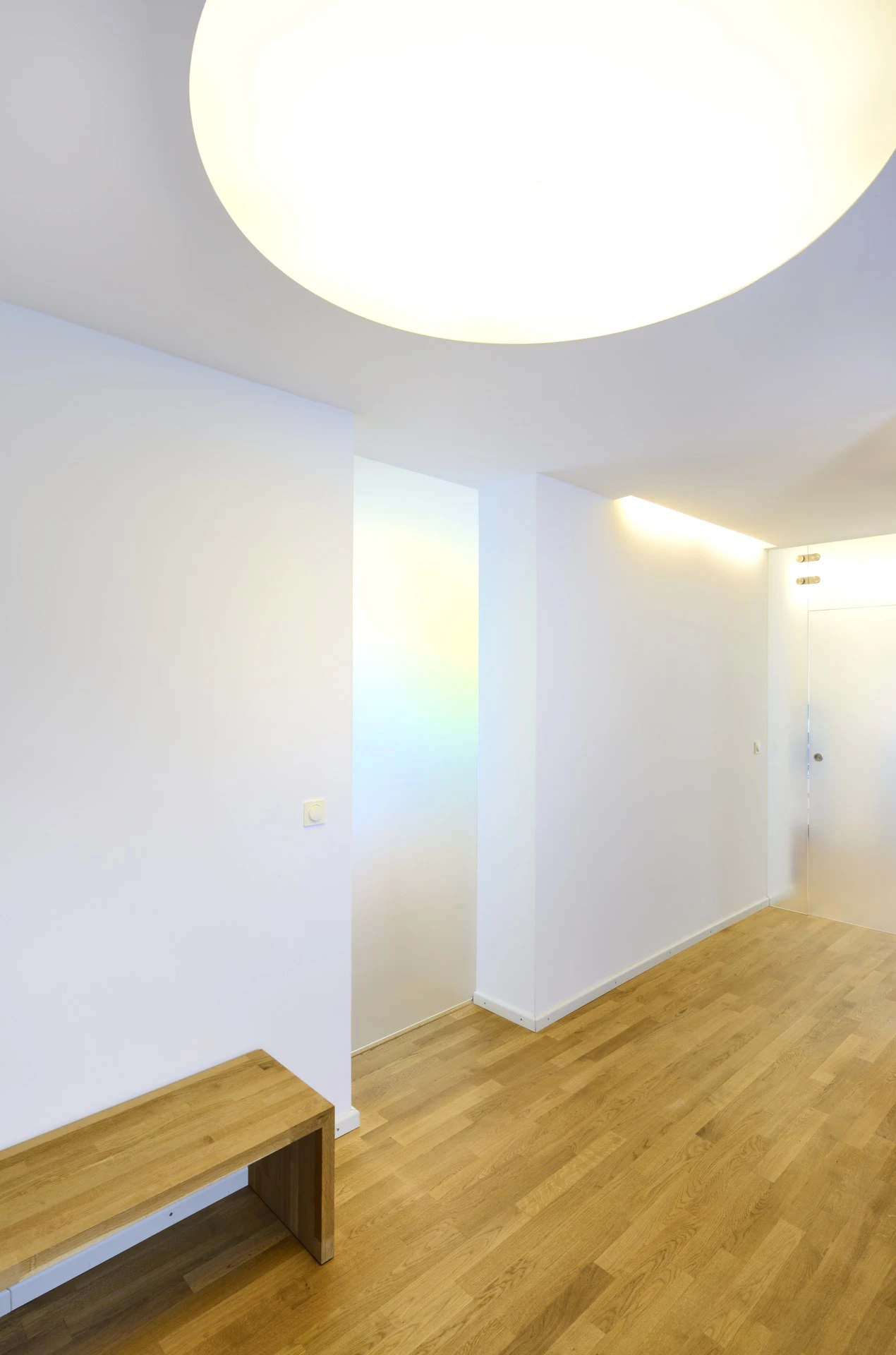 Eingangsbereich der Wohnung mit Holzfussboden, Milchglastüren und großer Deckenleuchte