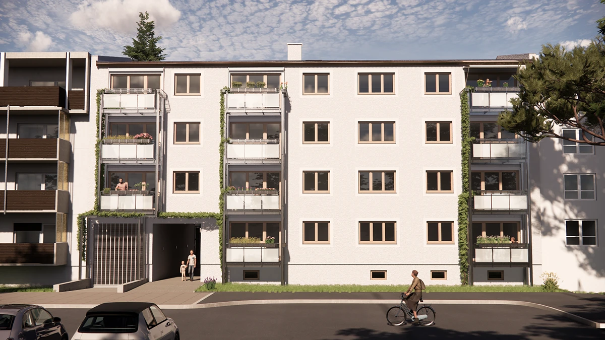 stoiber-architektur-muenchen-2026-sanierung-brunnerstr-rendering-01 Visualisierung eines sanierten viergeschossigen Wohnhauses in München-Schwabing mit Stahlbalkonen und Kletterpflanzen bei Tag
