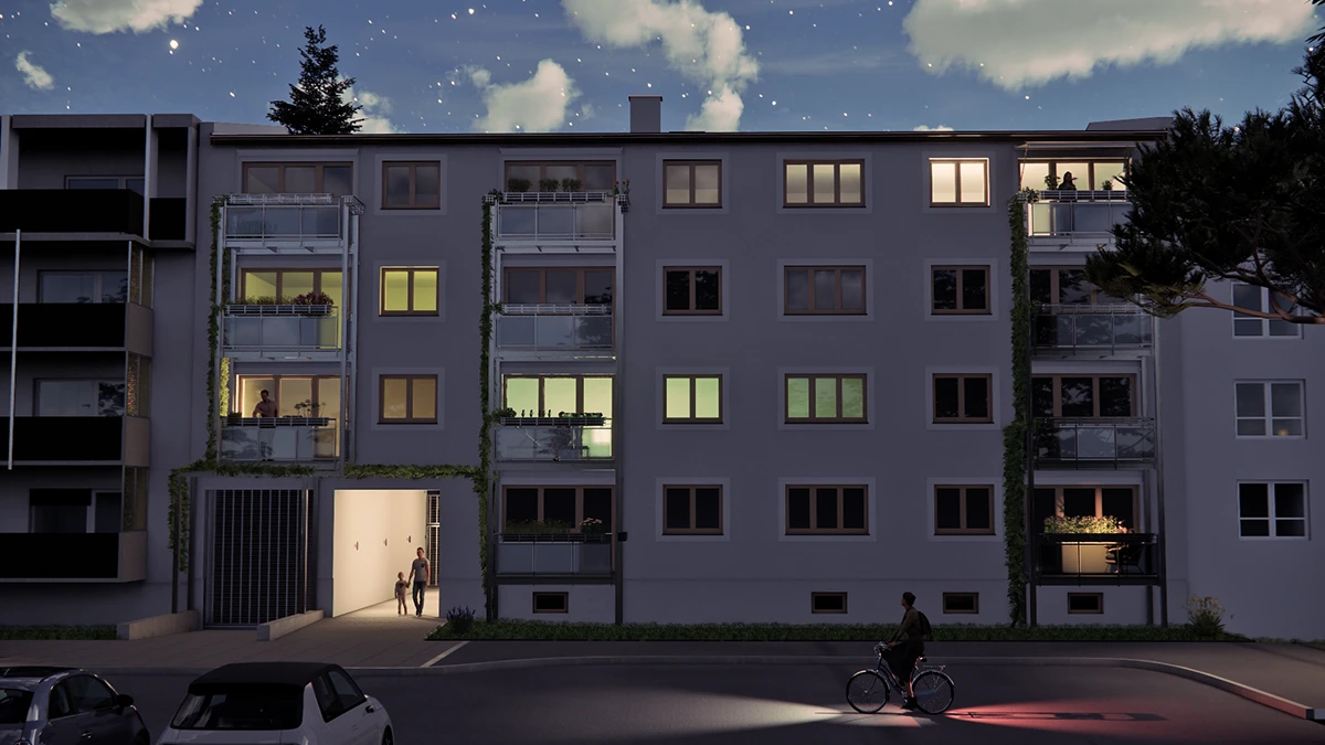 stoiber-architektur-muenchen-2026-sanierung-brunnerstr-rendering-02 Nächtliche Visualisierung des sanierten Wohnhauses mit erleuchteten Fenstern, Balkonen und Durchfahrt