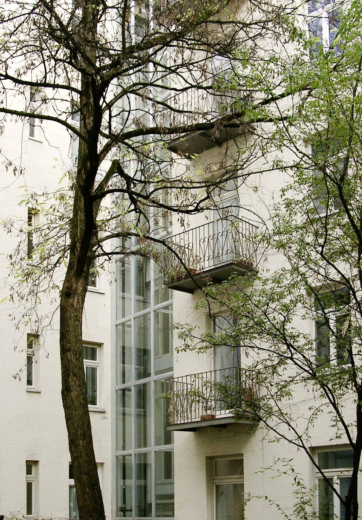 stoiber-architektur_denkmal_sanierung_dachgeschossausbau_muenchen_innenhof-aufzug_03 Weiße Hoffassade mit gläsernem Aufzugsturm und Balkonen mit Eisengeländern hinter Bäumen